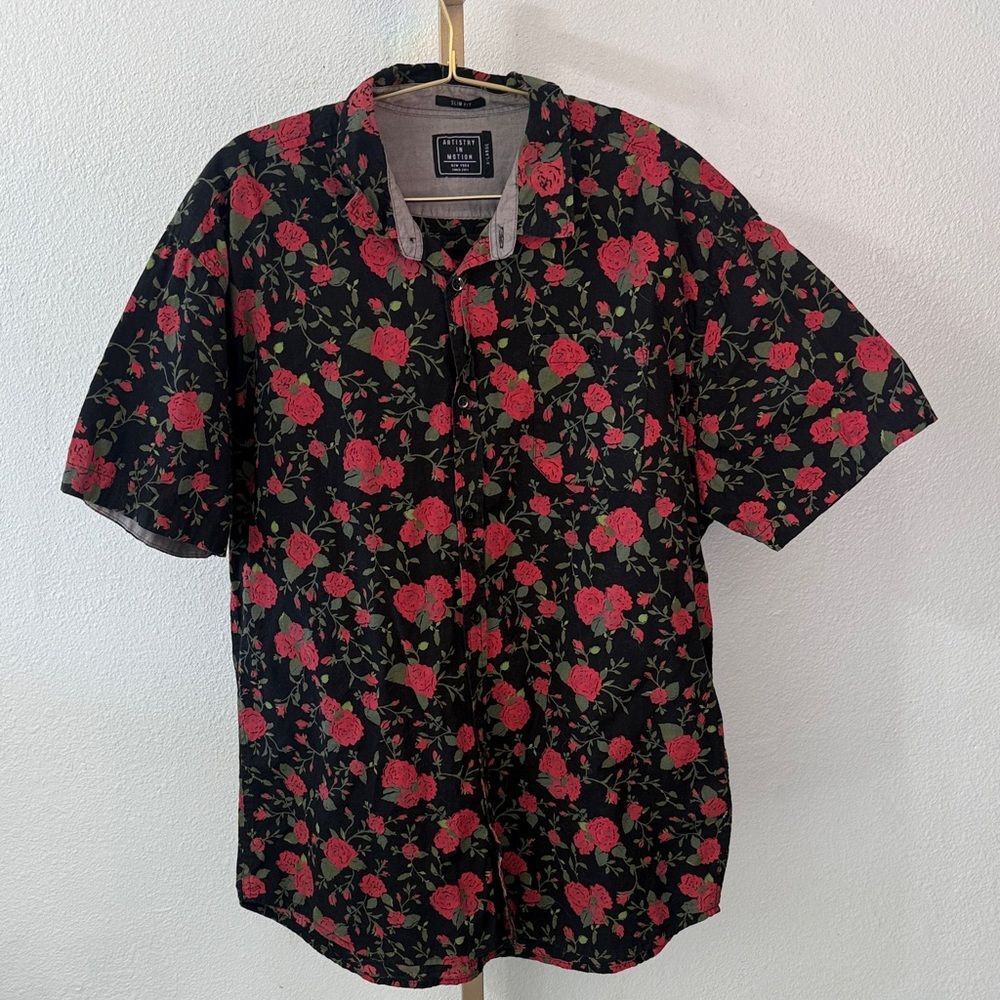Artistry In Motion- Black and Red Floral Men's Shirt- Size XL